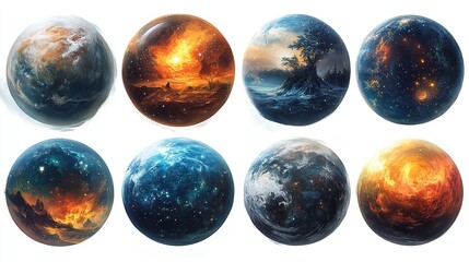 Obraz premium Eight Imaginative Planets Displaying Diverse Landscapes