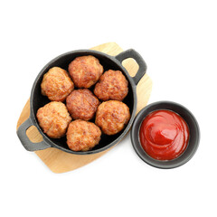 Tasty meatballs in baking dish and tomato sauce isolated on white, top view