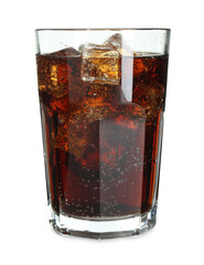 Glass of refreshing sweet soda water with ice cubes isolated on white