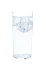 Glass of refreshing soda water with ice cubes isolated on white