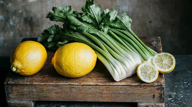 Fresh lemons and celery on a rustic wooden board perfect for cooking or garnishing dishes