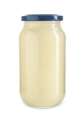 Tasty mayonnaise sauce in glass jar isolated on white