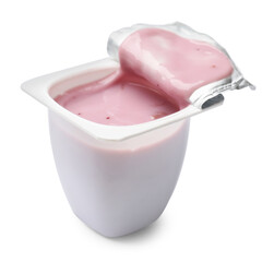 Delicious yogurt in plastic cup isolated on white