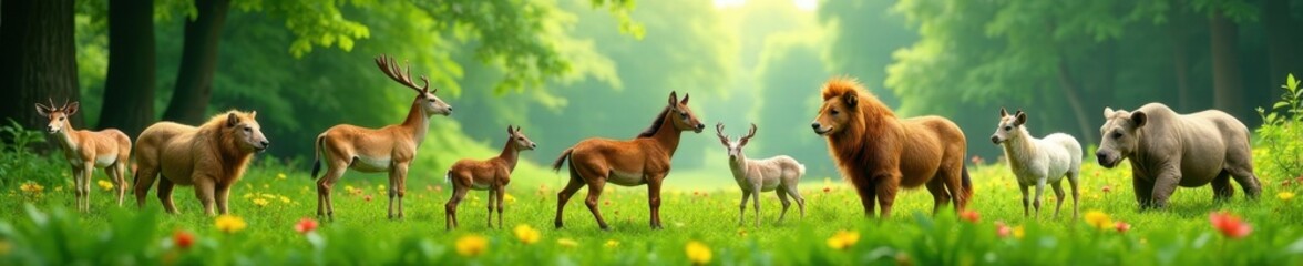 Hundred diverse animals released into a lush green landscape, invertebrates, planet, amphibians