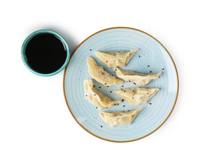 Tasty gyoza (dumplings) and soy sauce isolated on white, top view
