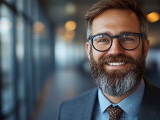 Naklejka premium Confident job seeker in a modern office setting. Professional, warm and energetic image. Perfect for recruitment, career content, marketing materials, websites, social media and print.
