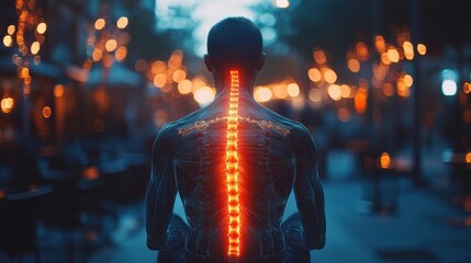 Man with illuminated spine walking through urban street at night