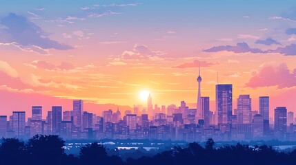 Fototapeta premium Cityscape sunrise, vibrant sky, urban skyline, distant trees, ideal for backgrounds