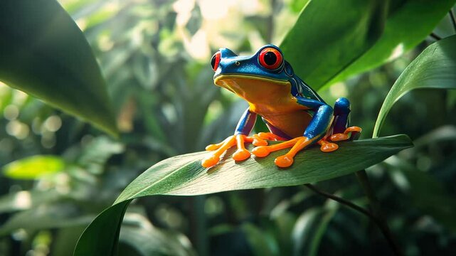 blue and orange frog perched on a leaf in a dense rainforest, focus on contrast and vibrant wildlife