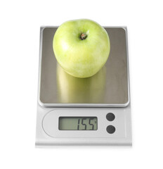 Modern electronic kitchen scale with apple isolated on white