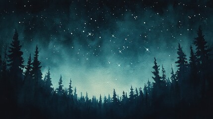 Fototapeta premium Starry Night Sky Above Silhouetted Pine Trees