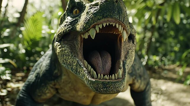 Large prehistoric reptile with an open mouth in a jungle setting during daylight
