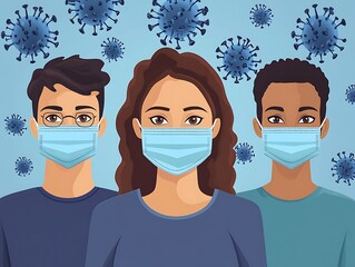 Diverse people wearing masks amid virus backdrop, health campaign