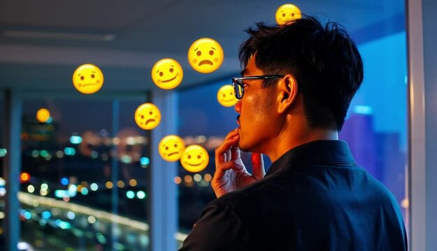 Young man in glasses contemplating emotion connections and ideas in a modern workspace