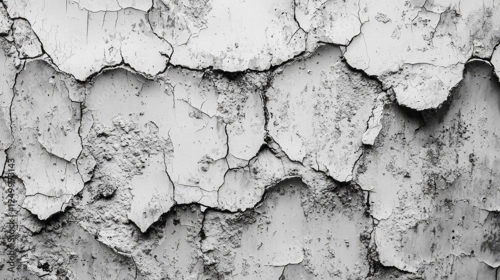Poster a weathered wall displays an intricate pattern of cracks and holes, revealing layers of peeling pain