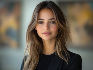 Fototapeta premium Confident job seeker in a modern office setting. Professional, warm and energetic image. Perfect for recruitment, career content, marketing materials, websites, social media and print.