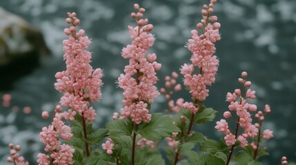 Pink Flowers by a Grey River
