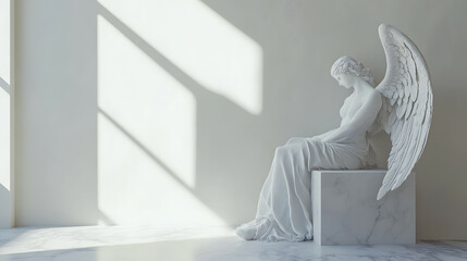 A scene where an angel is sitting in a sunny space with only white walls.