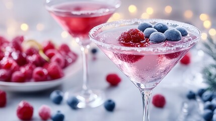 Pink Sparkling Cocktail with Raspberries and Blueberries