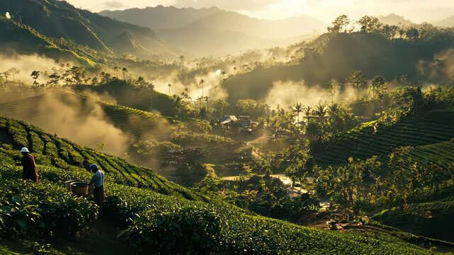 Mountain tea plantation framed by mist and sunlight, with farmers scattered across the terraces harvesting the day's yield