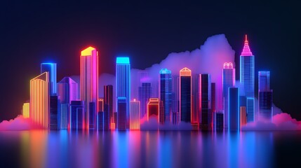 Vibrant Neon City Skyline at Night With Colorful Lights Reflecting on Calm Water