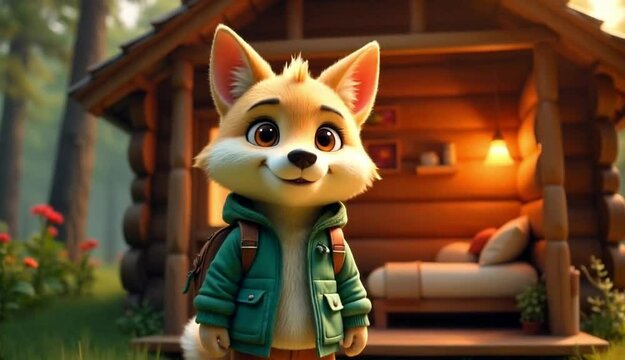 Animated Wolf Cub Waving Hello on camera in front of his house