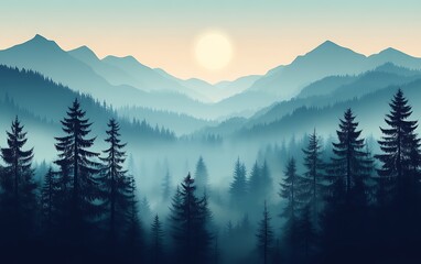Fototapeta premium Misty sunrise over a coniferous forest in the mountains