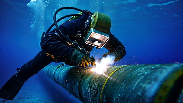 Close-up of underwater welding on submerged pipeline, diver surrounded by blue ocean, professional tools creating bright sparks