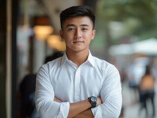 Obraz premium Confident job seeker in a modern office setting. Professional, warm and energetic image. Perfect for recruitment, career content, marketing materials, websites, social media and print.