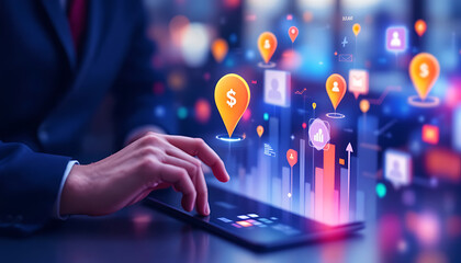 Businessperson Using Tablet With Holographic Financial Data Interface