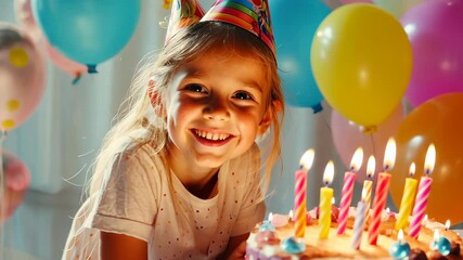 Birthday party setup with children wearing festive hats, a bright cake with candles on the table, playful balloons and decorations enhancing the joyful atmosphere