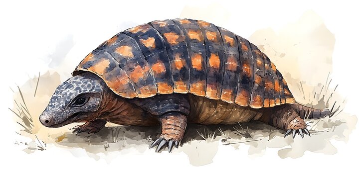 Ancient turtle crawling in prehistoric grassy landscape, wildlife illustration