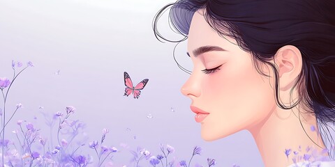 Fototapeta premium Serene woman with closed eyes near purple flowers and butterfly