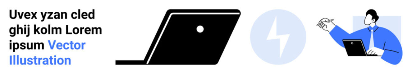 Man working on laptop, side laptop icon, and lightning graphic. Ideal for business, productivity, technology, innovation, remote work communication and digital strategy. Abstract line flat metaphor