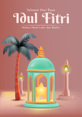 Selamat Hari Raya Idul Fitri Meaning : Happy Eid Mubarak. Eid Mubarak Template with 3D Realistic Lantern Vector Illustartion, Eid Al Fitr with Islamic Ornament