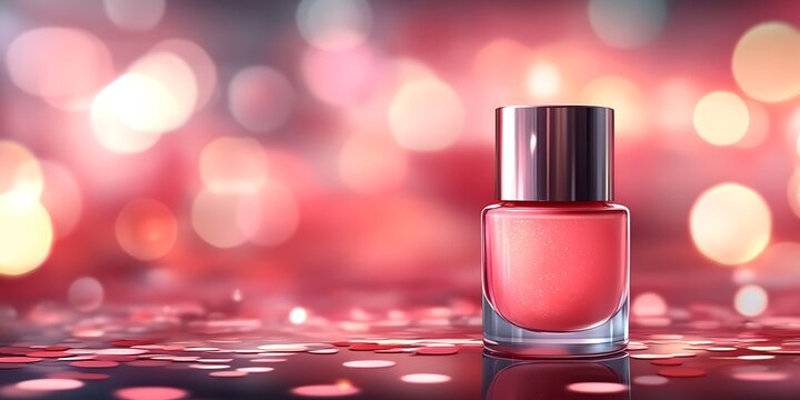 Pink nail polish on glittery surface with bokeh background