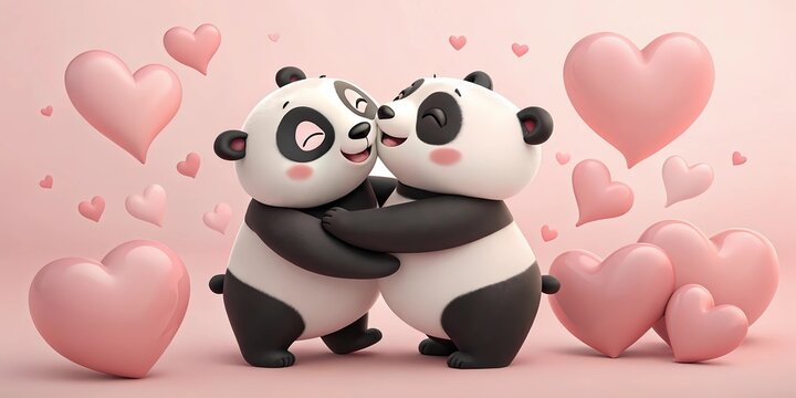 Pareja de osos panda abrazados con fondo rosa de corazones, ilustracion Digital 3D