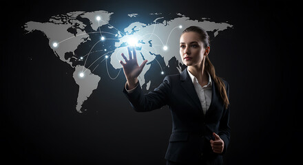 Businesswoman Interacting With Global Digital Map