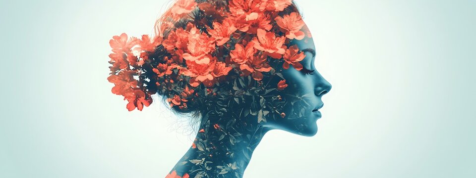 Woman with floral hair on a light background, serene expression