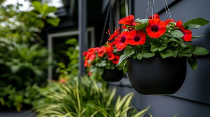 Vibrant Red Petunias in Hanging Black Pots, Lush Garden Background