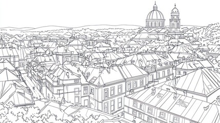 Fototapeta premium Cityscape sketch European rooftops, church domes, hilltop view, coloring book illustration