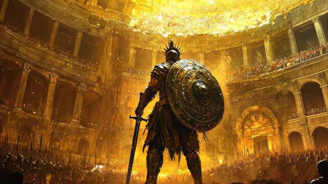 Fierce gladiator standing triumphant in an ancient coliseum, bathed in golden light, holding a spiked shield and a sword, with a roaring crowd in the background
