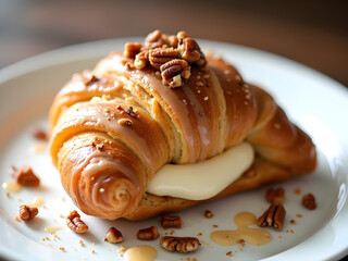 Fototapeta premium Maple Pecan Croissant – A Cozy Autumn Treat: A buttery croissant filled with rich maple pecan cream, topped with toasted pecans and a light maple glaze.