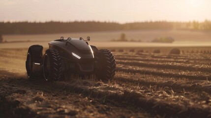 Obraz premium Futuristic Autonomous Tractor Tilling Soil with Modern Design in Agriculture Field