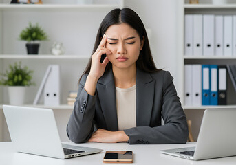 Businesswoman Stressed With Laptops In Modern Office