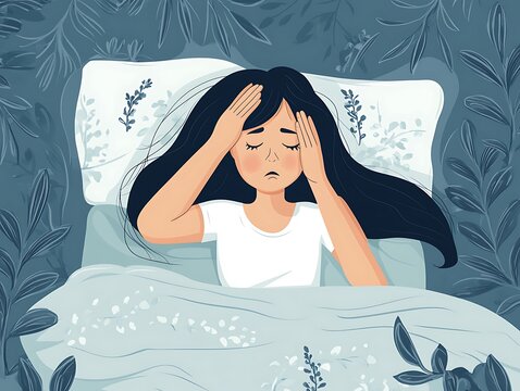 Woman with insomnia struggles to sleep in bed at night