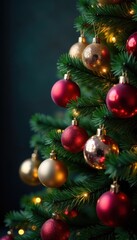 Fototapeta premium Ornate Christmas tree, vibrant baubles, glowing lights , festive season, baubles, season's greetings