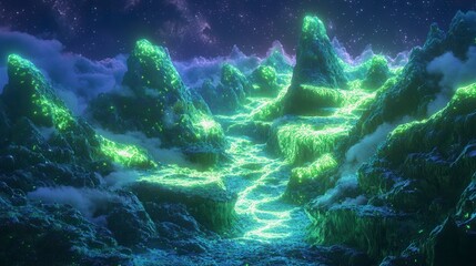 Fototapeta premium Pixelated Mountains Glowing Green Under a Starry Night Sky