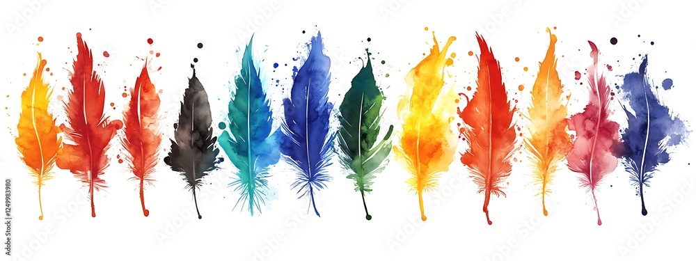 Wall mural Colorful watercolor feathers on white for design projects