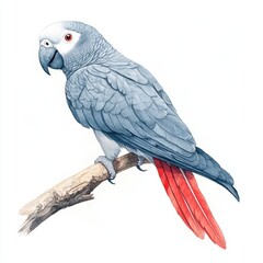 Fototapeta premium A colorful parrot perched on a branch, featuring shades of gray and vibrant red tail feathers, showcasing its striking appearance.